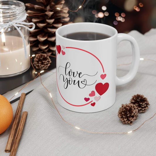 White Ceramic Mug 11oz with Love You design, microwave and dishwasher safe, durable with vivid color print