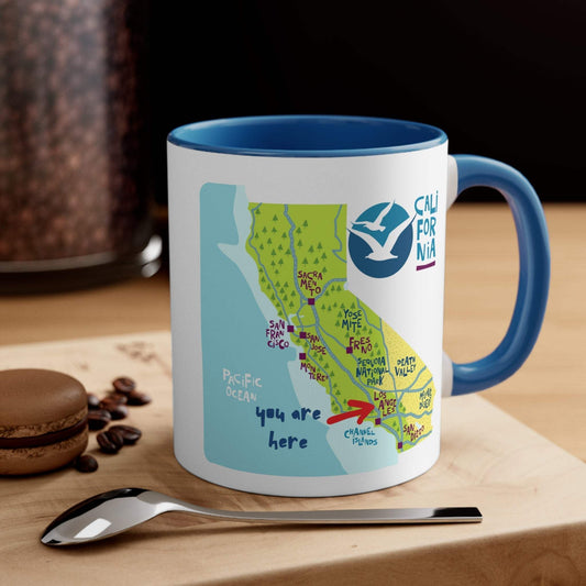 Two-tone 11oz ceramic coffee mug with accented C-handle and interior, lead and BPA-free