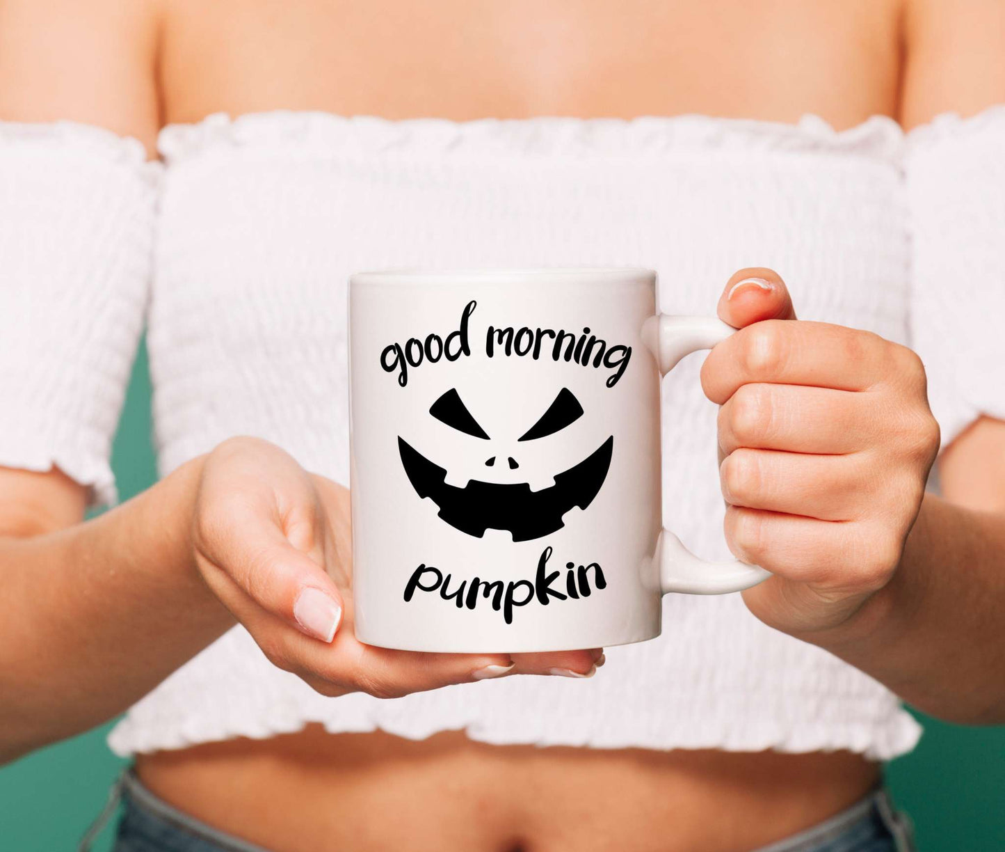 White ceramic mug with "Good Morning Pumpkin" text, high gloss, dishwasher and microwave safe