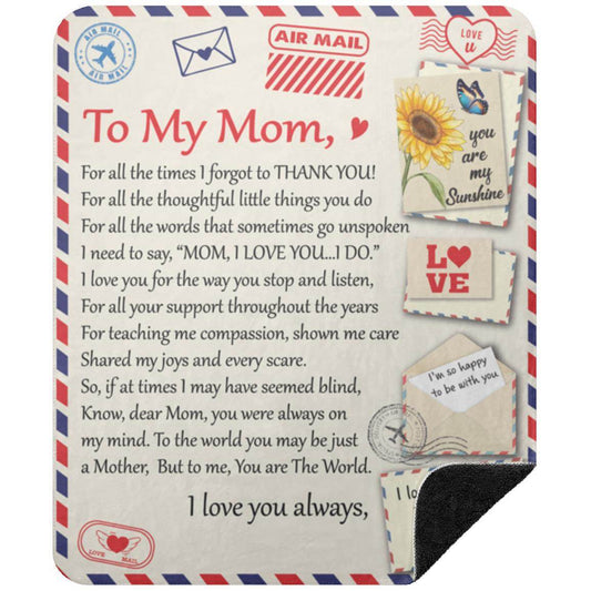 Premium fluffy black sherpa blanket with "To My Mom" message and silky-smooth front