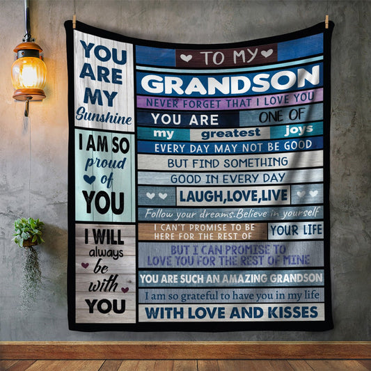 To my grandson you are my sunshine blanket with premium silky smooth front and fluffy black sherpa back