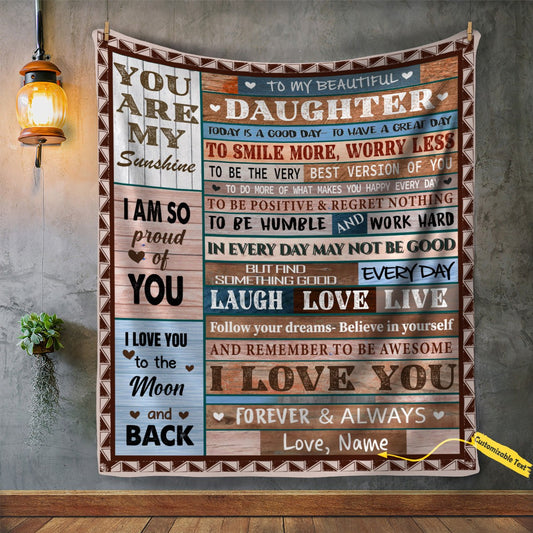 Premium silky-smooth blanket with "To My Beautiful Daughter You Are My Sunshine" text and black water-resistant back