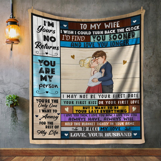 Cozy black Sherpa blanket with "To My Wife I'm Yours NO Returns" design, perfect gift for wife
