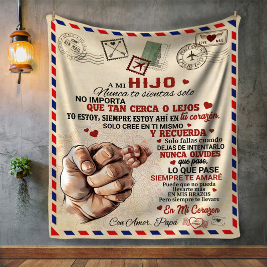 A Mi Hijo Nunca Te Sientas Solo blanket with silky front and black sherpa back, full print design