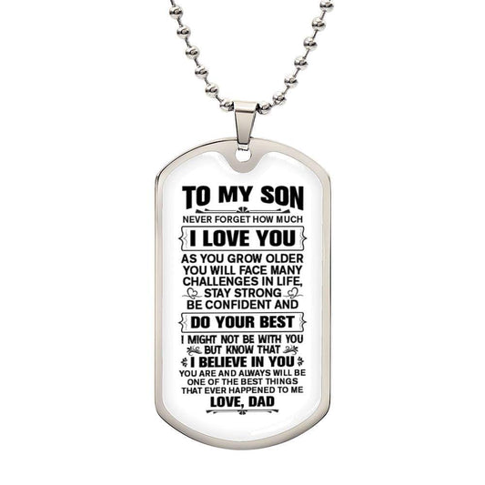 Gold-finished surgical steel son dog tag necklace with personalized engraving option and military style chain
