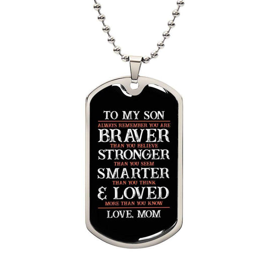 Gold-finished surgical steel dog tag necklace engraved "To My Son" gift