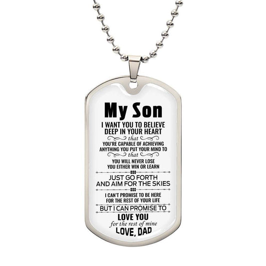 To My Son Mine Dog Tag necklace with 18k gold finish on surgical steel, personalized keepsake jewelry