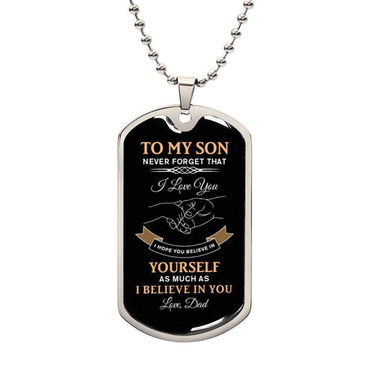 Gold-finished surgical steel son necklace with personalized engraving and military dog tag design
