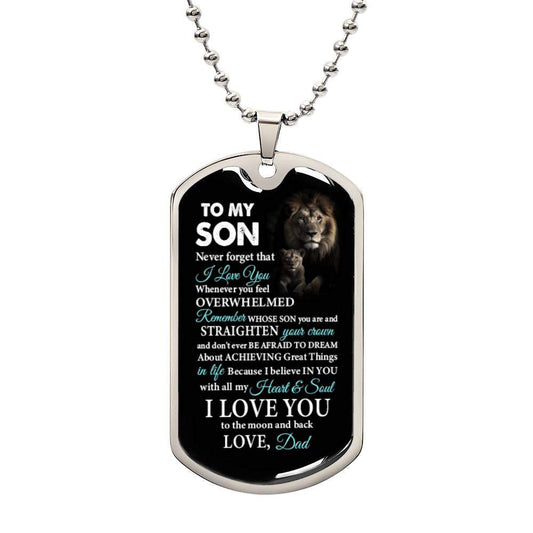 Personalized gold-finished surgical steel son dog tag necklace with custom engraving option