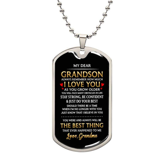Dear Grandson gold-finished surgical steel pendant necklace with personalized engraving option
