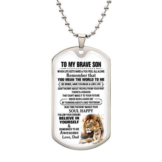 Brave Son luxury military dog tag necklace with 18k gold finish and personalized engraving option