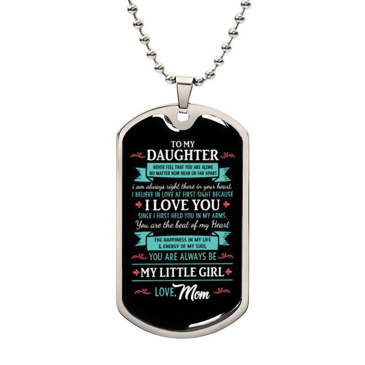 Gold-finish daughter dog tag necklace with engraved message and customizable back, made in the USA