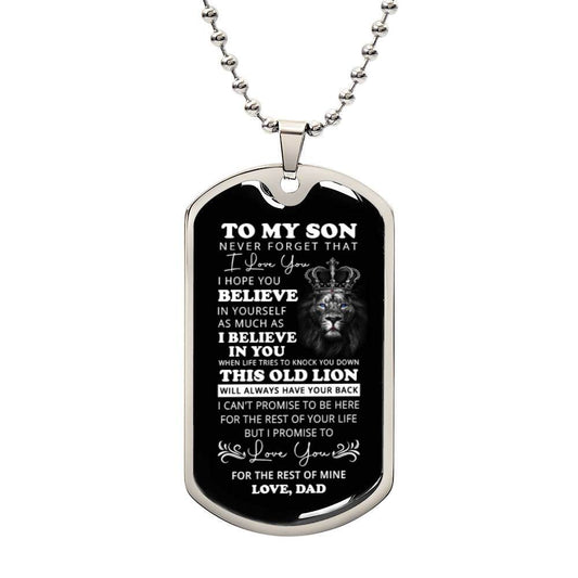 Gold-finished military dog tag necklace engraved "To My Son Never Forget That I Love You" on 24-inch chain
