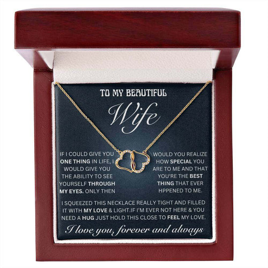 Everlasting Love Necklace with 10K gold hearts and 18 pave diamonds in mahogany gift box with LED light