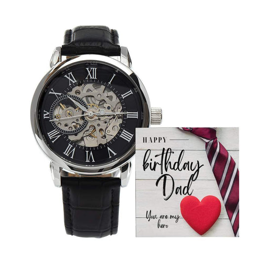 Men's Openwork Watch with skeleton dial and black leather strap in luxury box