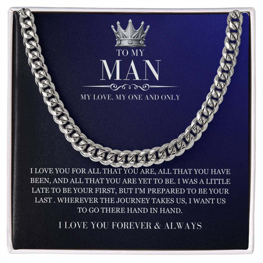 Stylish MAN Cuban link chain necklace in polished stainless steel and 14K gold with adjustable length and parrot clasp