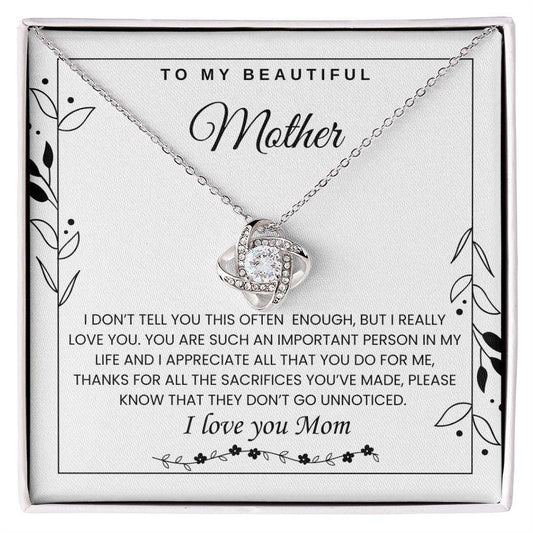 Beautiful Mother Love Knot Necklace pendant with cubic zirconia on adjustable chain in gift box