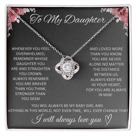 Daughter Love Knot Necklace pendant with cubic zirconia on adjustable chain in gift box