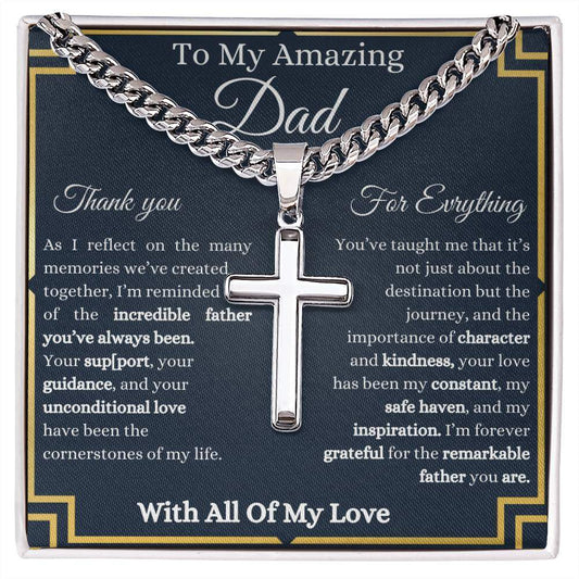 Amazing Dad Artisan cross Necklace on polished stainless steel Cuban chain with adjustable length and lobster clasp