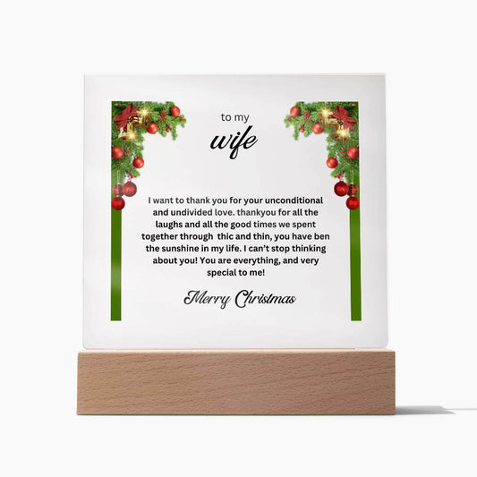 Square acrylic plaque with wooden base and detailed printed design, ideal romantic gift for wife