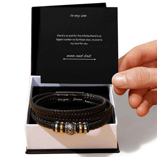 Men's braided vegan leather bracelet with stainless steel beads engraved love you forever for son gift