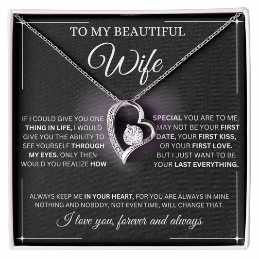 Beautiful Wife Forever Love Necklace with 6.5mm CZ crystal heart pendant in white or yellow gold finish