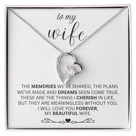 Wife Forever Love Necklace with 6.5mm CZ crystal heart pendant in white or yellow gold finish