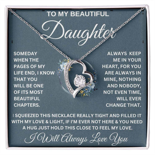 Beautiful Daughter Forever Love Necklace with 6.5mm CZ heart pendant in white or yellow gold finish