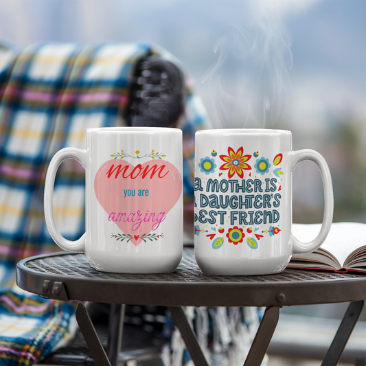 White ceramic mug with "Mom You Are Amazing" design, dishwasher and microwave safe