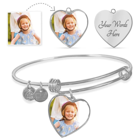 18k gold heart pendant with personalized engraving and photo option on adjustable luxury bangle