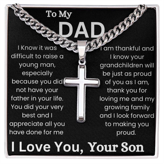 Polished stainless steel Dad Cuban Chain with artisan cross pendant on adjustable Cuban link chain, gift packaging included