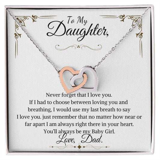 Daughter interlocking hearts necklace with cubic zirconia crystals and rose gold finish on chain