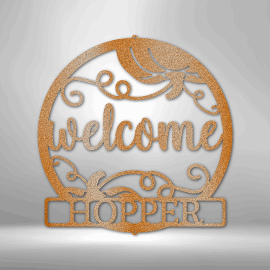 Fall Monogram steel sign with "welcome" and personalized name cutout, powder coated for indoor or outdoor use