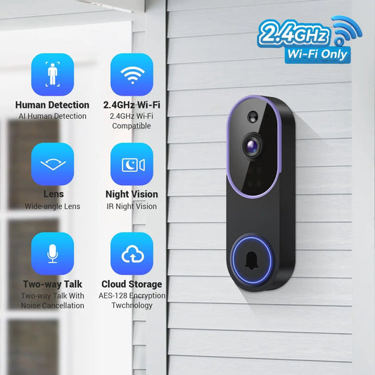 1080P Wireless Video Doorbell Camera, Smart AI Human Detection, Live View, Cloud Storage, Night Vision, Two Way Audio, Instant Alert, 2.4G Wifi Only, Indoor/Outdoor Surveillance Cam for Home Security System