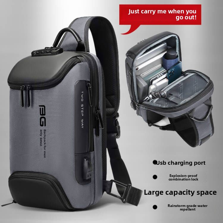 Black multifunctional waterproof anti-theft crossbody bag for men with multiple compartments and password lock.
